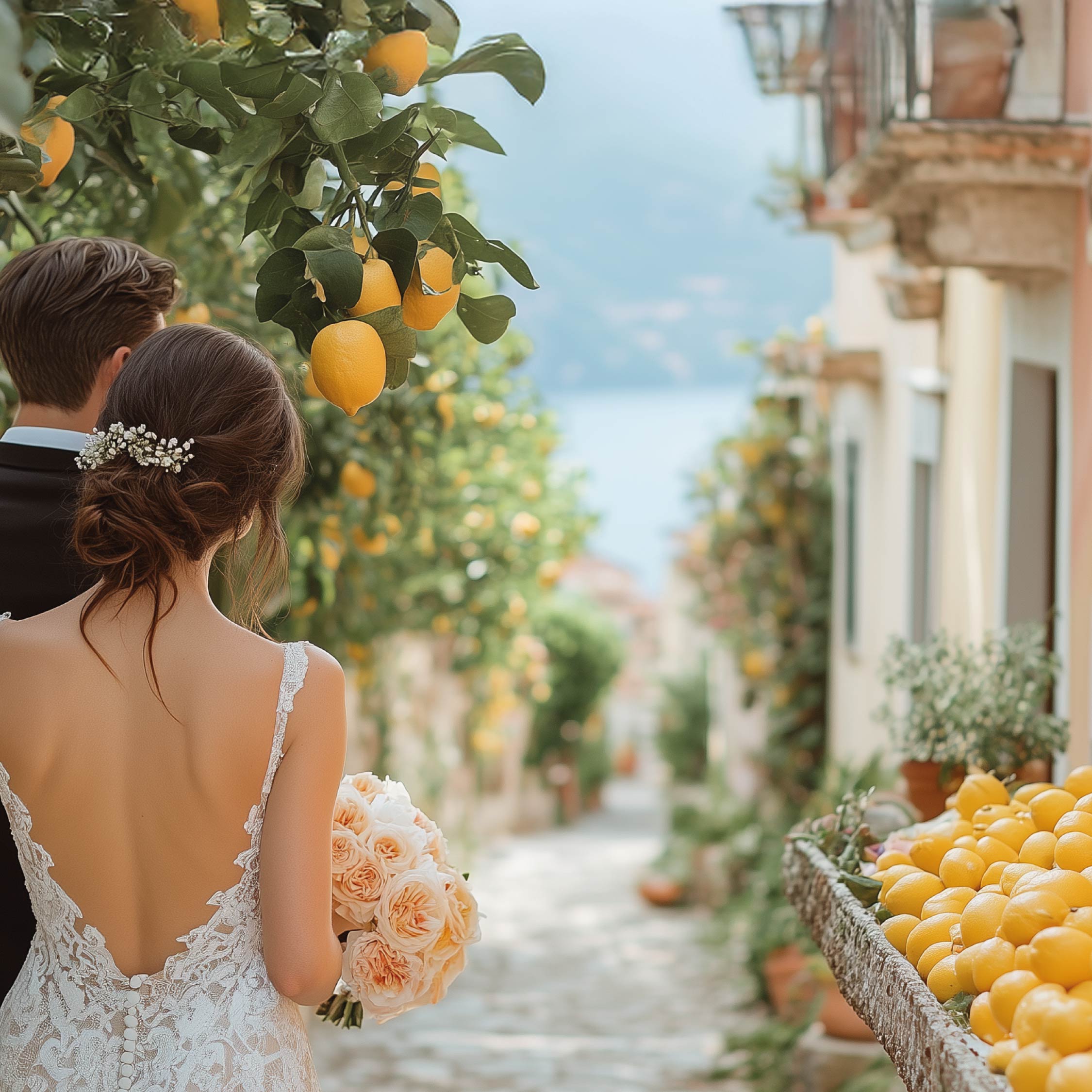 un homme et une femme en tenue de mariés dans une ruelle descendante avec un citronnier sur la gauche et un étale de citrons sur la droite