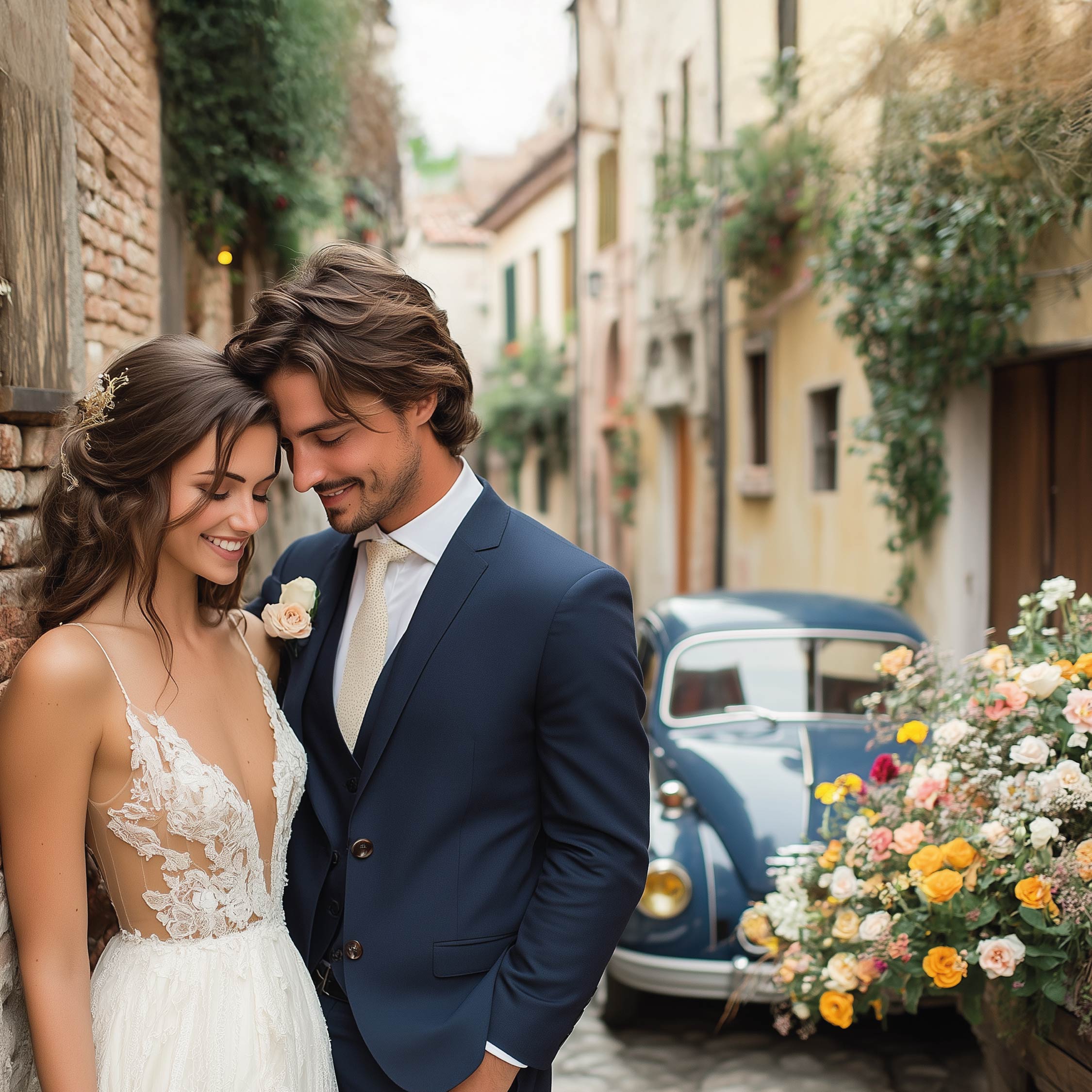un marié et une mariée en tenue de mariage dans une ruelle devant une coccinelle bleue. Le tout illustre la Dolce Vita.